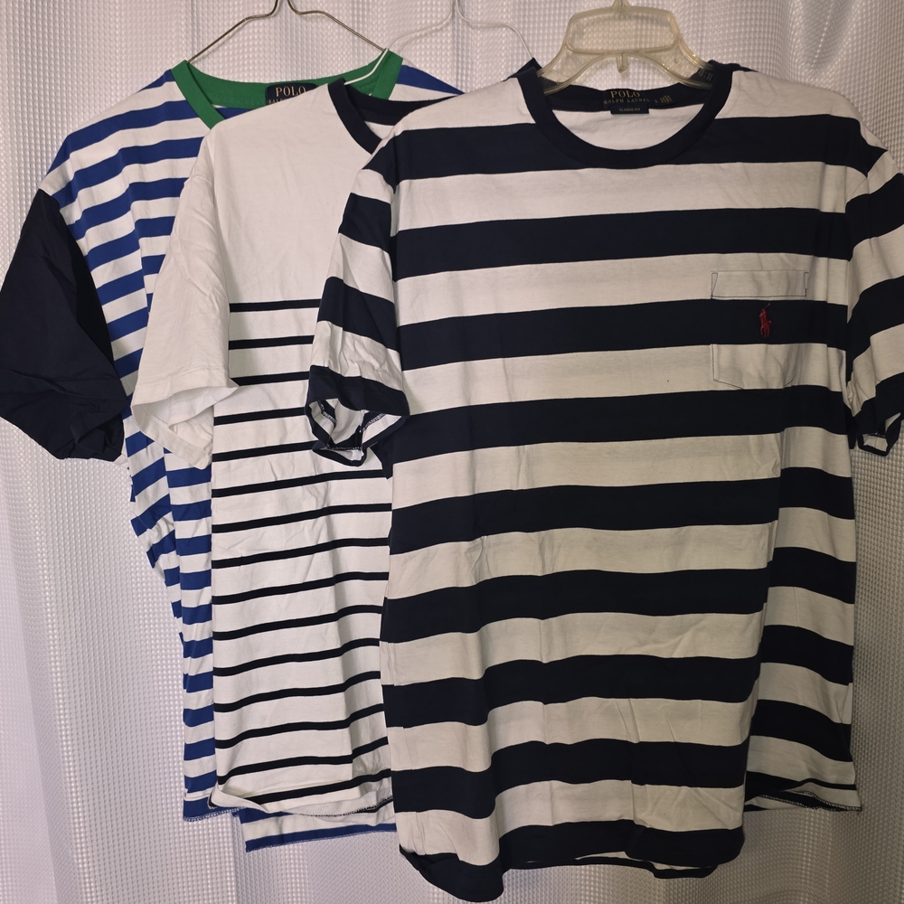 Striped Navy and White Polo by Ralph Lauren Men's Shirt